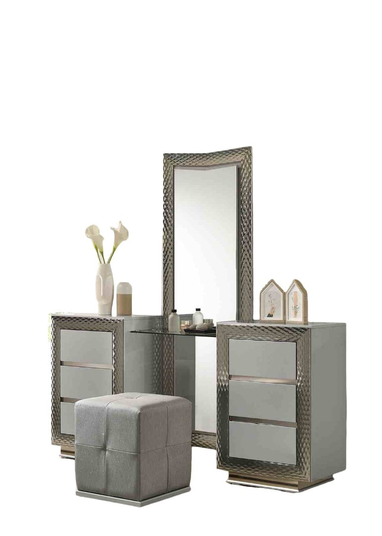 Glam Style 1pc Vanity Set w/ Stool Plinth Base Silver Molding Glass Top LED On Headboard And Mirror Gray Finish Bedroom Furniture Makeup Vanity
