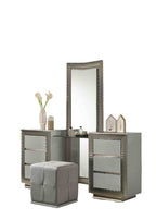 Glam Style 1pc Vanity Set w/ Stool Plinth Base Silver Molding Glass Top LED On Headboard And Mirror Gray Finish Bedroom Furniture Makeup Vanity