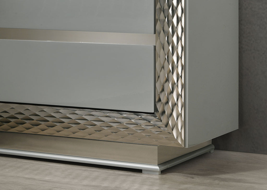 Glam Style 1pc Vanity Set w/ Stool Plinth Base Silver Molding Glass Top LED On Headboard And Mirror Gray Finish Bedroom Furniture Makeup Vanity