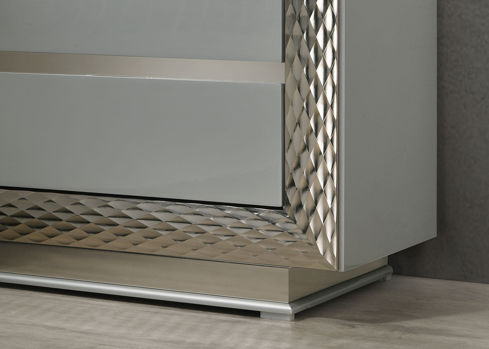 Glam Style 1pc Vanity Set w/ Stool Plinth Base Silver Molding Glass Top LED On Headboard And Mirror Gray Finish Bedroom Furniture Makeup Vanity