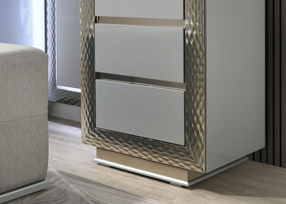 Glam Style 1pc Vanity Set w/ Stool Plinth Base Silver Molding Glass Top LED On Headboard And Mirror Gray Finish Bedroom Furniture Makeup Vanity