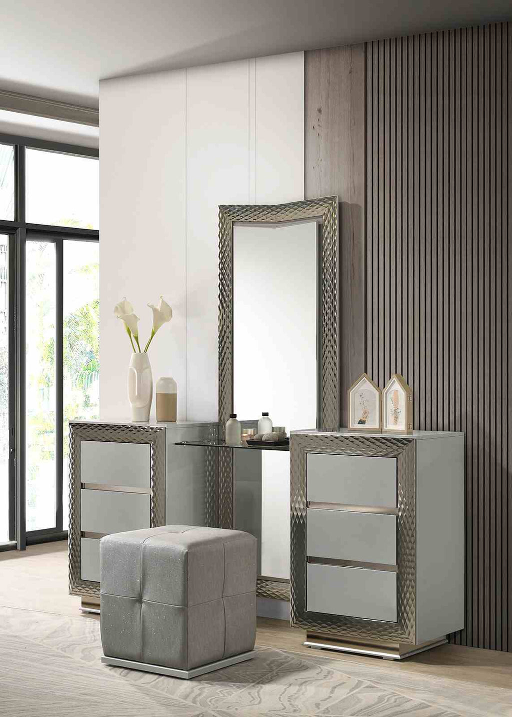 Glam Style 1pc Vanity Set w/ Stool Plinth Base Silver Molding Glass Top LED On Headboard And Mirror Gray Finish Bedroom Furniture Makeup Vanity