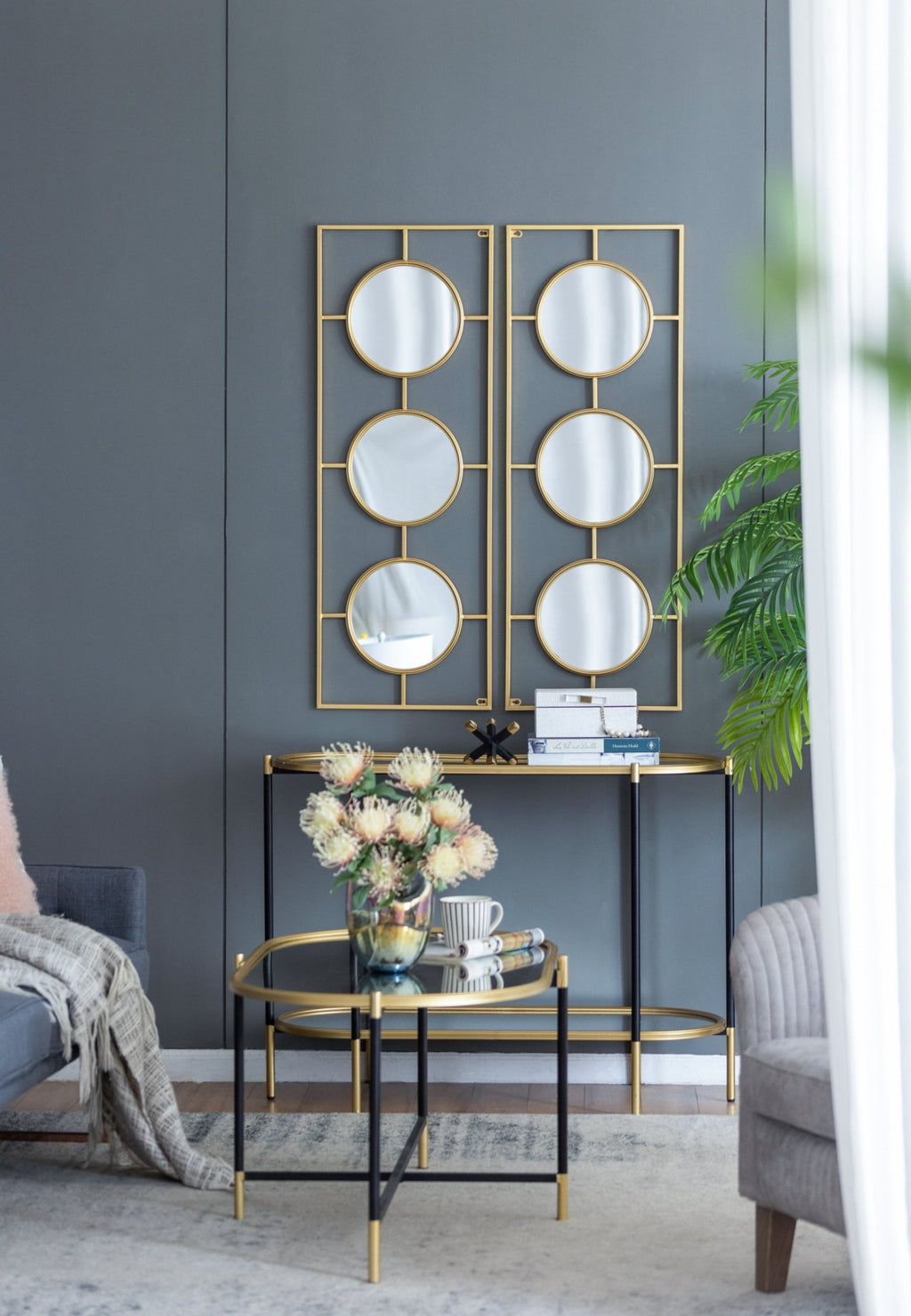 3 Mirror Piece Wall Mirror in Gold Rectangular Frame, Home Wall Decor for Bedroom Living Room, 43"x16" - Groovy Boardz