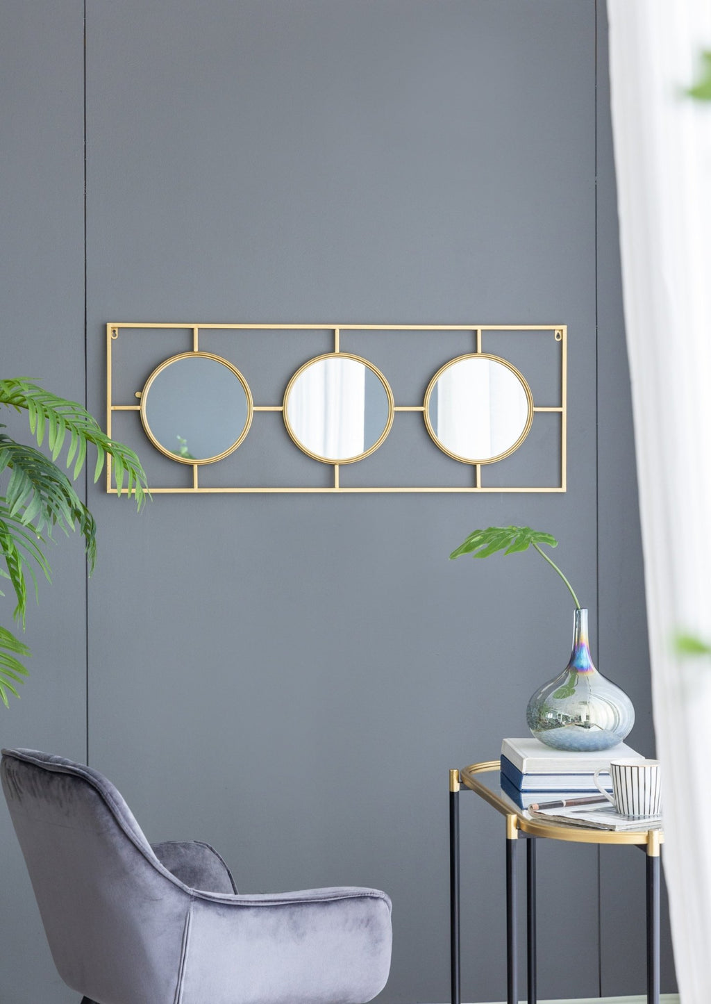 3 Mirror Piece Wall Mirror in Gold Rectangular Frame, Home Wall Decor for Bedroom Living Room, 43"x16" - Groovy Boardz