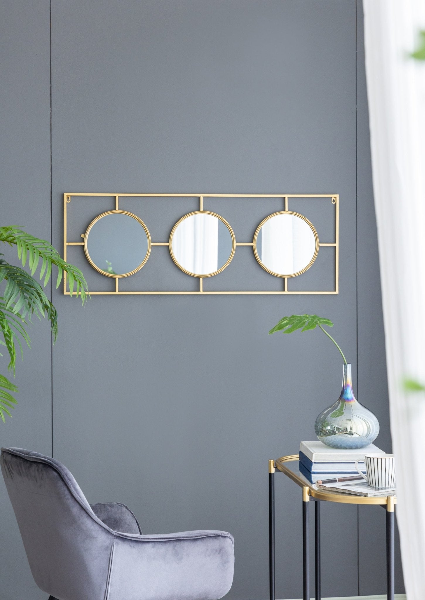 3 Mirror Piece Wall Mirror in Gold Rectangular Frame, Home Wall Decor for Bedroom Living Room, 43"x16" - Groovy Boardz