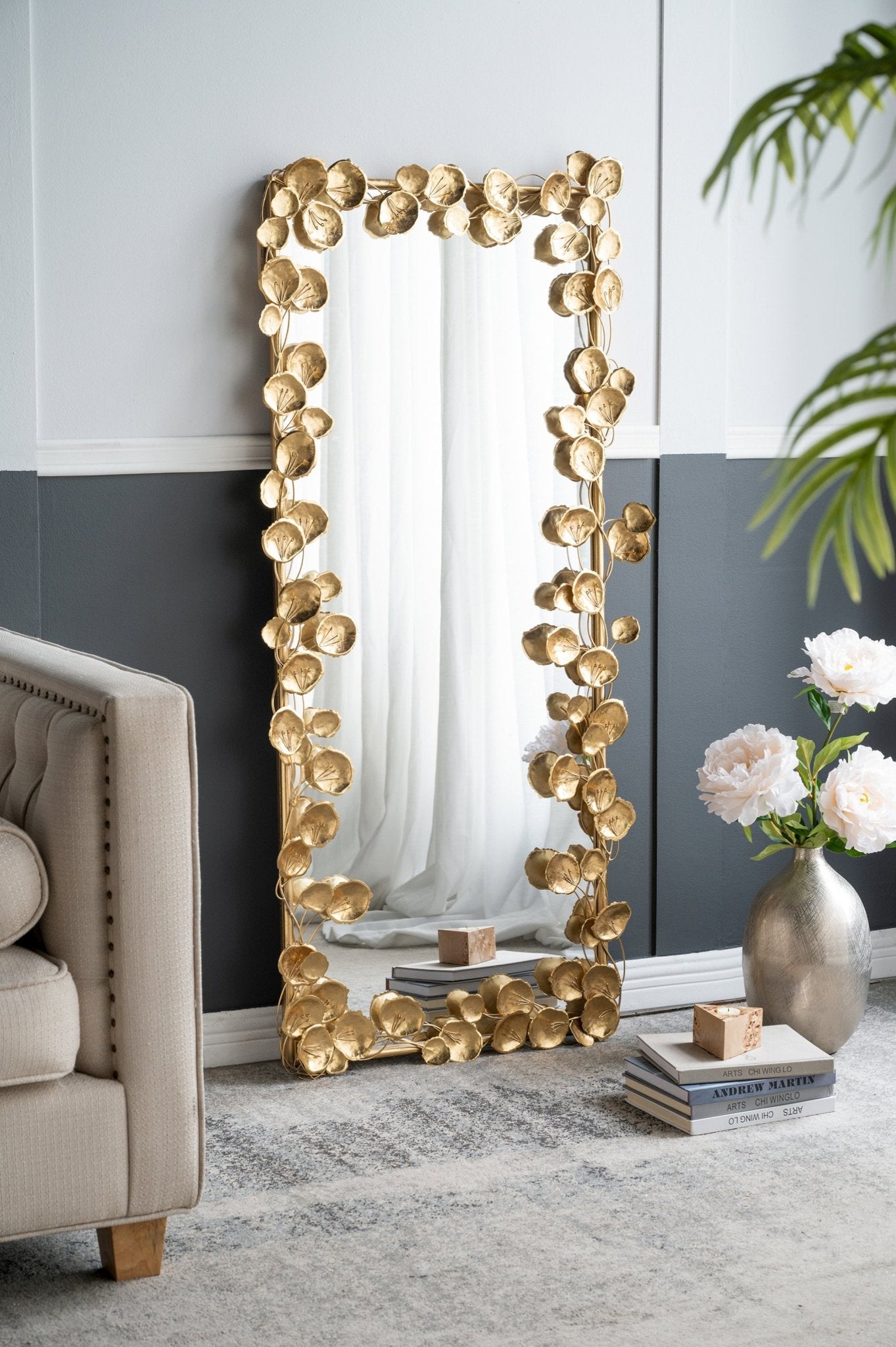 61" x 31" Full Length Mirror with Golden Leaf Accents, Floor Miiror for Living Room Bedroom - Groovy Boardz