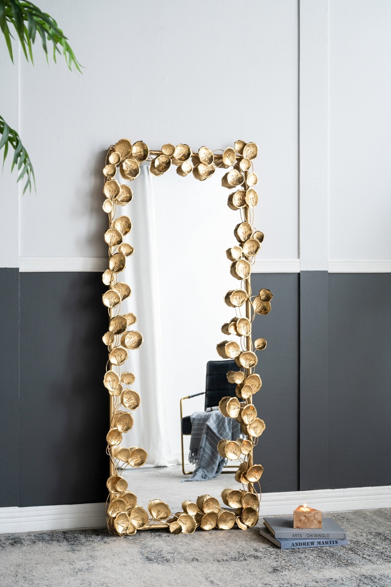 61" x 31" Full Length Mirror with Golden Leaf Accents, Floor Miiror for Living Room Bedroom - Groovy Boardz