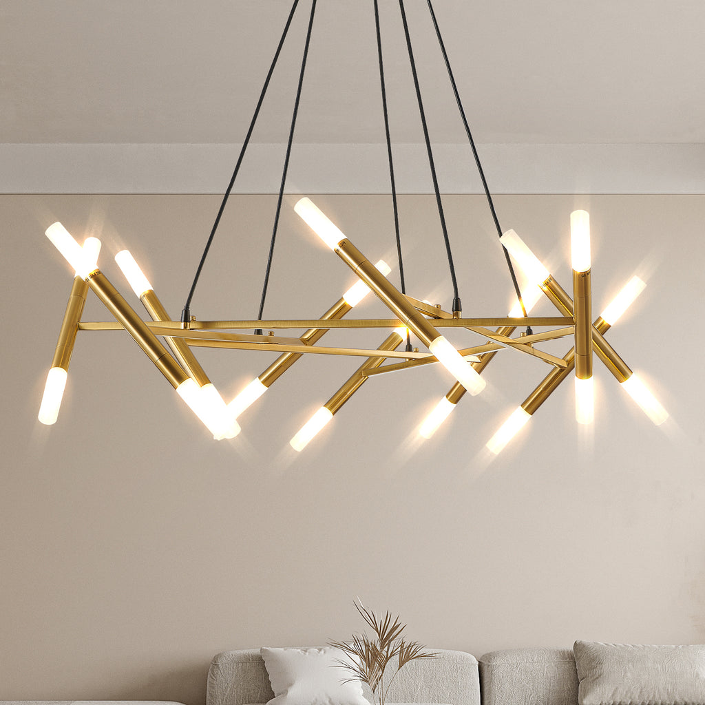 Golden Modern Chandelier Light Fixture, Branch Design with Frosted Tubes, Black Cords, Adjustable Height Pendant Light for Dining Room, Living Room, or Kitchen Island (Bulb Not Included)