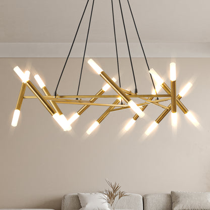 Golden Modern Chandelier Light Fixture, Branch Design with Frosted Tubes, Black Cords, Adjustable Height Pendant Light for Dining Room, Living Room, or Kitchen Island (Bulb Not Included)