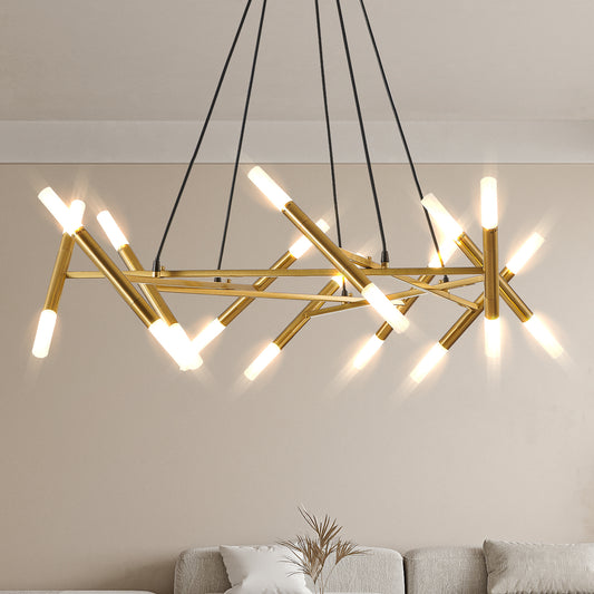Golden Modern Chandelier Light Fixture, Branch Design with Frosted Tubes, Black Cords, Adjustable Height Pendant Light for Dining Room, Living Room, or Kitchen Island (Bulb Not Included)