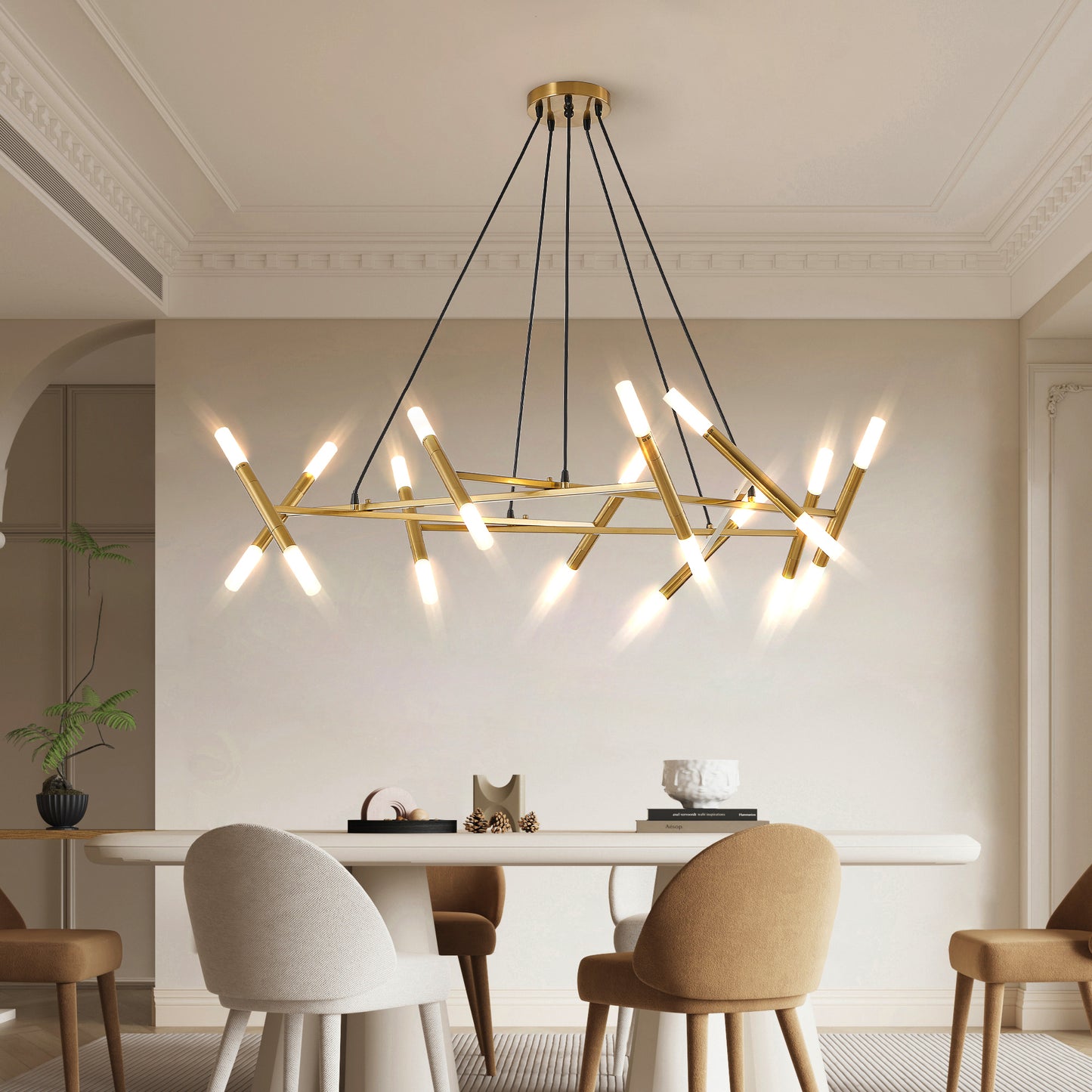 Golden Modern Chandelier Light Fixture, Branch Design with Frosted Tubes, Black Cords, Adjustable Height Pendant Light for Dining Room, Living Room, or Kitchen Island (Bulb Not Included)