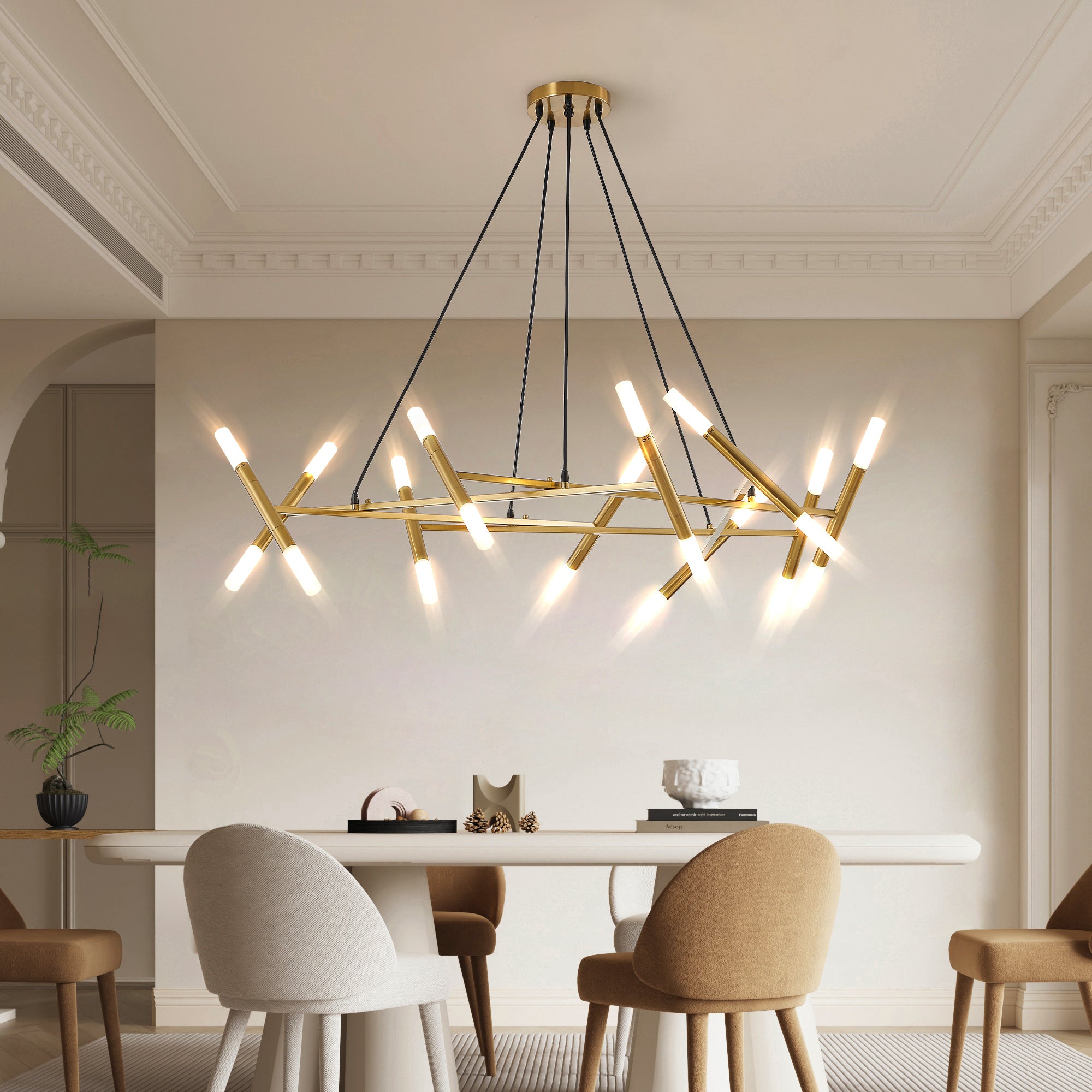 Golden Modern Chandelier Light Fixture, Branch Design with Frosted Tubes, Black Cords, Adjustable Height Pendant Light for Dining Room, Living Room, or Kitchen Island (Bulb Not Included)