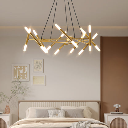 Golden Modern Chandelier Light Fixture, Branch Design with Frosted Tubes, Black Cords, Adjustable Height Pendant Light for Dining Room, Living Room, or Kitchen Island (Bulb Not Included)