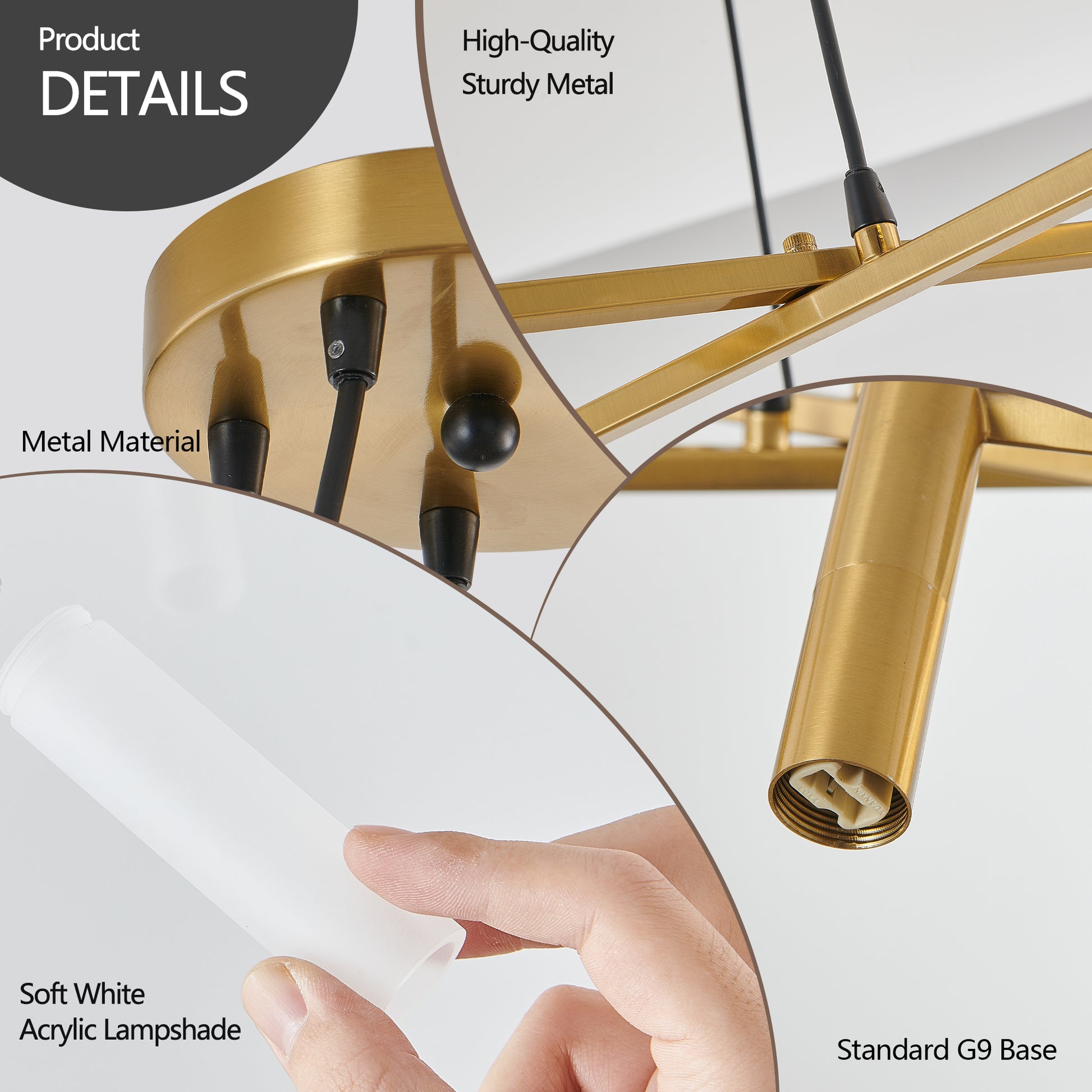 Golden Modern Chandelier Light Fixture, Branch Design with Frosted Tubes, Black Cords, Adjustable Height Pendant Light for Dining Room, Living Room, or Kitchen Island (Bulb Not Included)