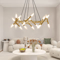 Golden Modern Chandelier Light Fixture, Branch Design with Frosted Tubes, Black Cords, Adjustable Height Pendant Light for Dining Room, Living Room, or Kitchen Island (Bulb Not Included)