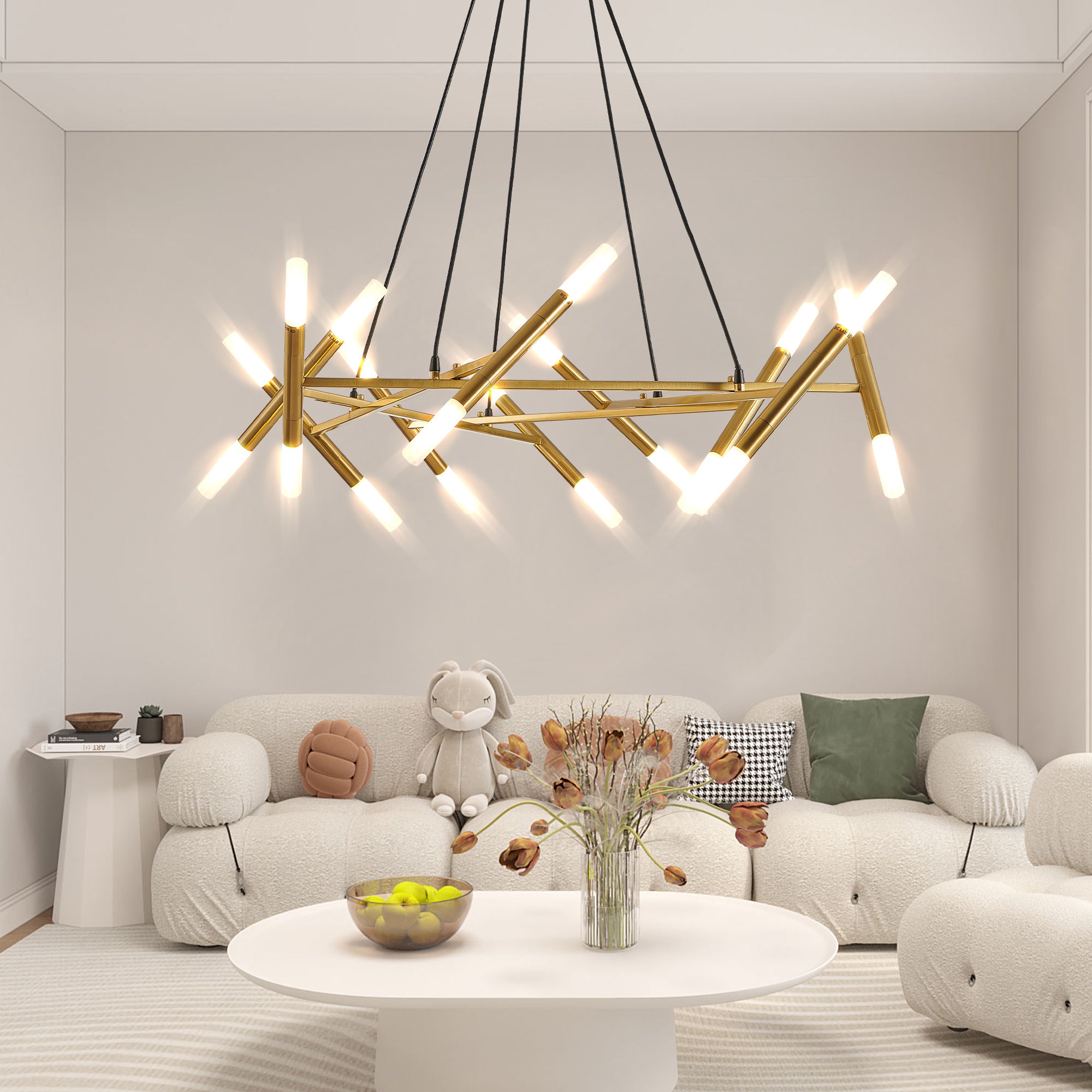 Golden Modern Chandelier Light Fixture, Branch Design with Frosted Tubes, Black Cords, Adjustable Height Pendant Light for Dining Room, Living Room, or Kitchen Island (Bulb Not Included)