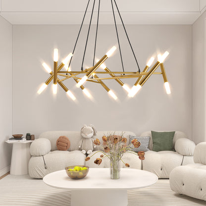 Golden Modern Chandelier Light Fixture, Branch Design with Frosted Tubes, Black Cords, Adjustable Height Pendant Light for Dining Room, Living Room, or Kitchen Island (Bulb Not Included)