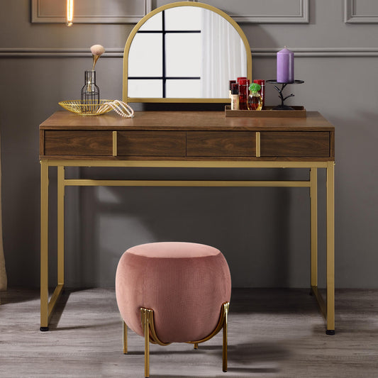 2 Drawers Vanity Desk with Mirror and Jewelry Tray, Walnut and Gold