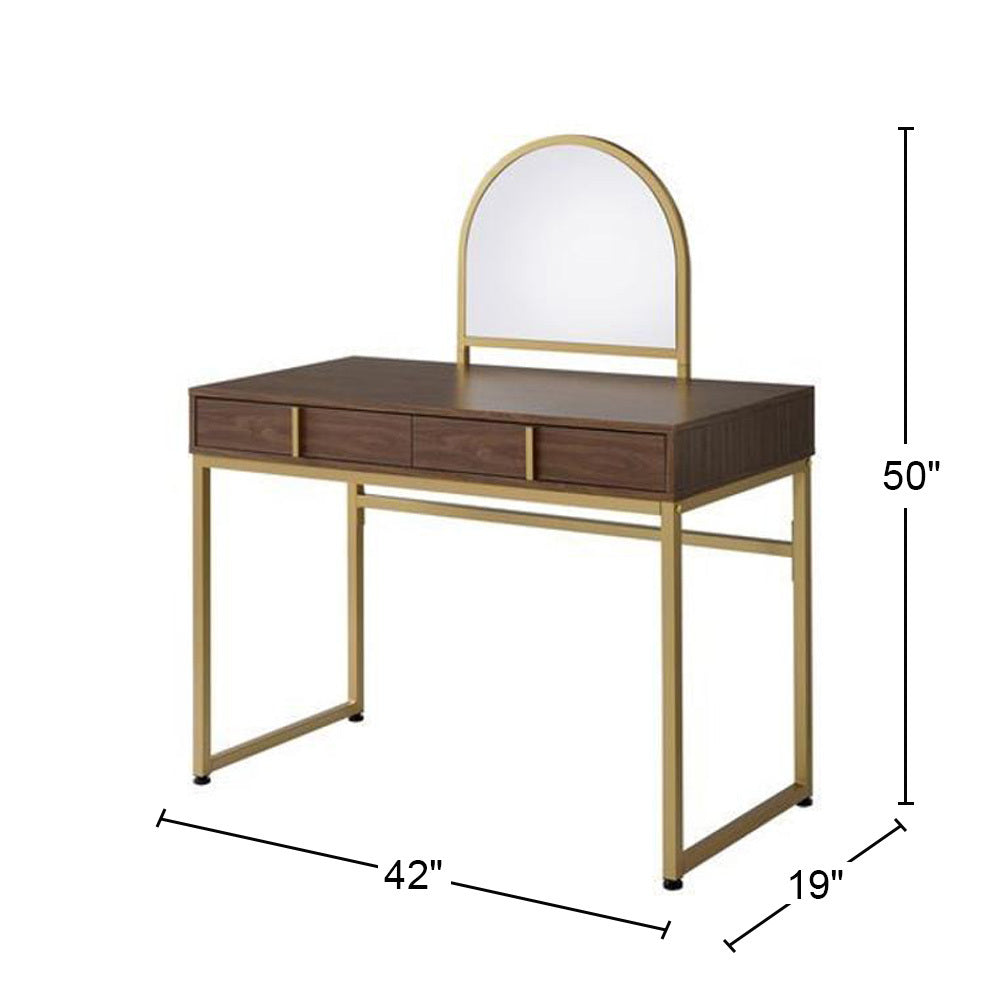 2 Drawers Vanity Desk with Mirror and Jewelry Tray, Walnut and Gold