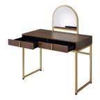 2 Drawers Vanity Desk with Mirror and Jewelry Tray, Walnut and Gold