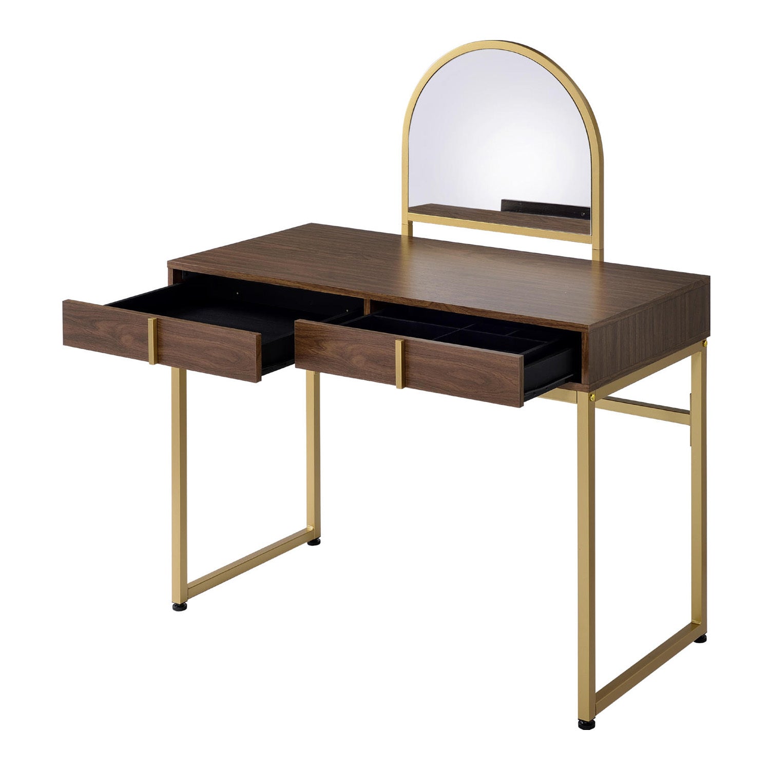 2 Drawers Vanity Desk with Mirror and Jewelry Tray, Walnut and Gold