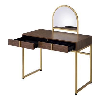 2 Drawers Vanity Desk with Mirror and Jewelry Tray, Walnut and Gold