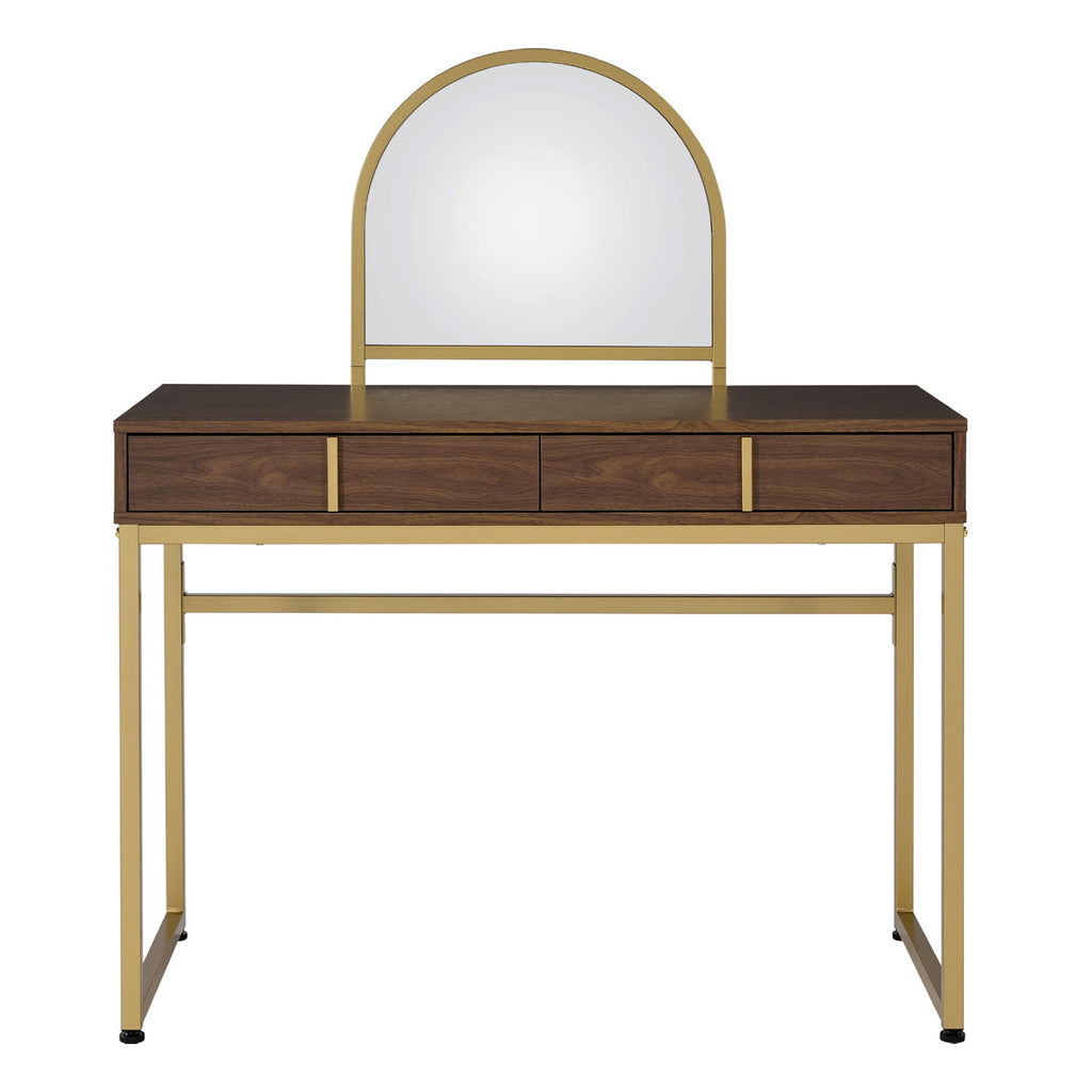 2 Drawers Vanity Desk with Mirror and Jewelry Tray, Walnut and Gold