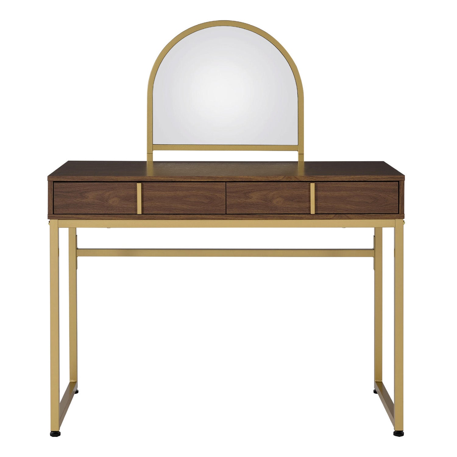 2 Drawers Vanity Desk with Mirror and Jewelry Tray, Walnut and Gold