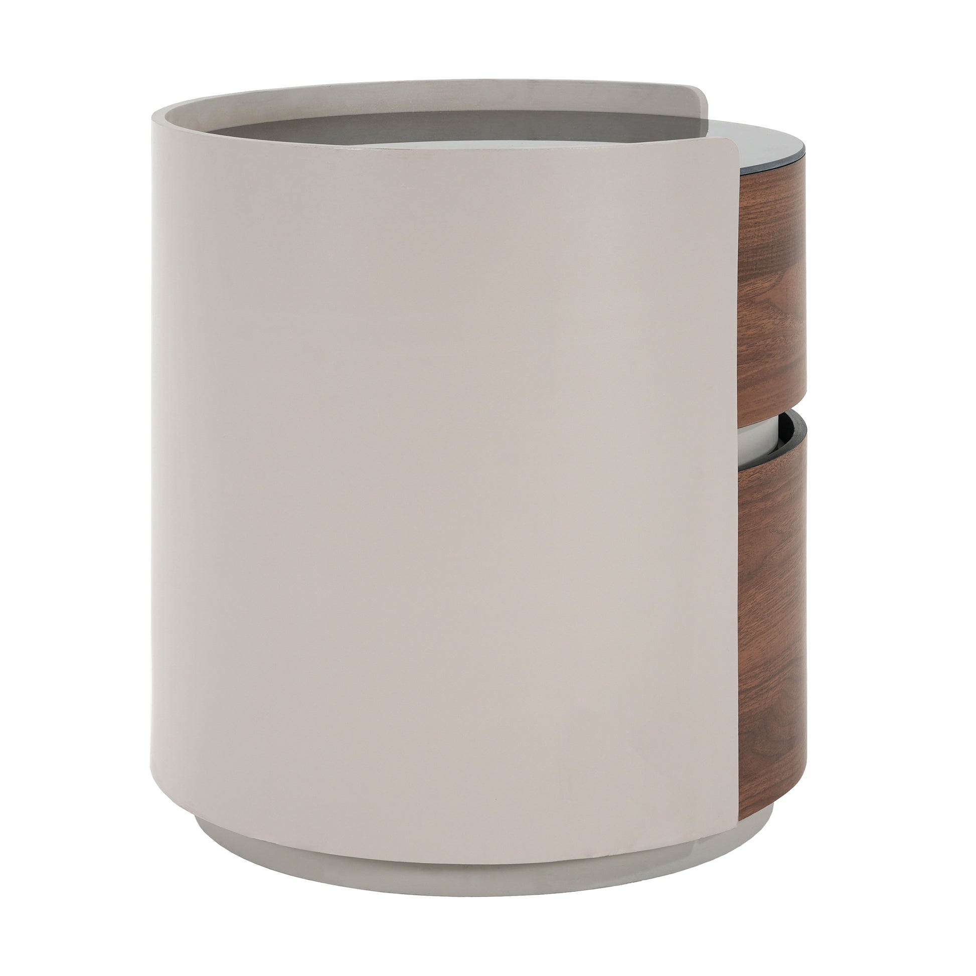 Italian Retro Double Storage Round Side Table, Gray Brown MDF with Tempered Glass Top, Compact Size