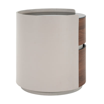 Italian Retro Double Storage Round Side Table, Gray Brown MDF with Tempered Glass Top, Compact Size