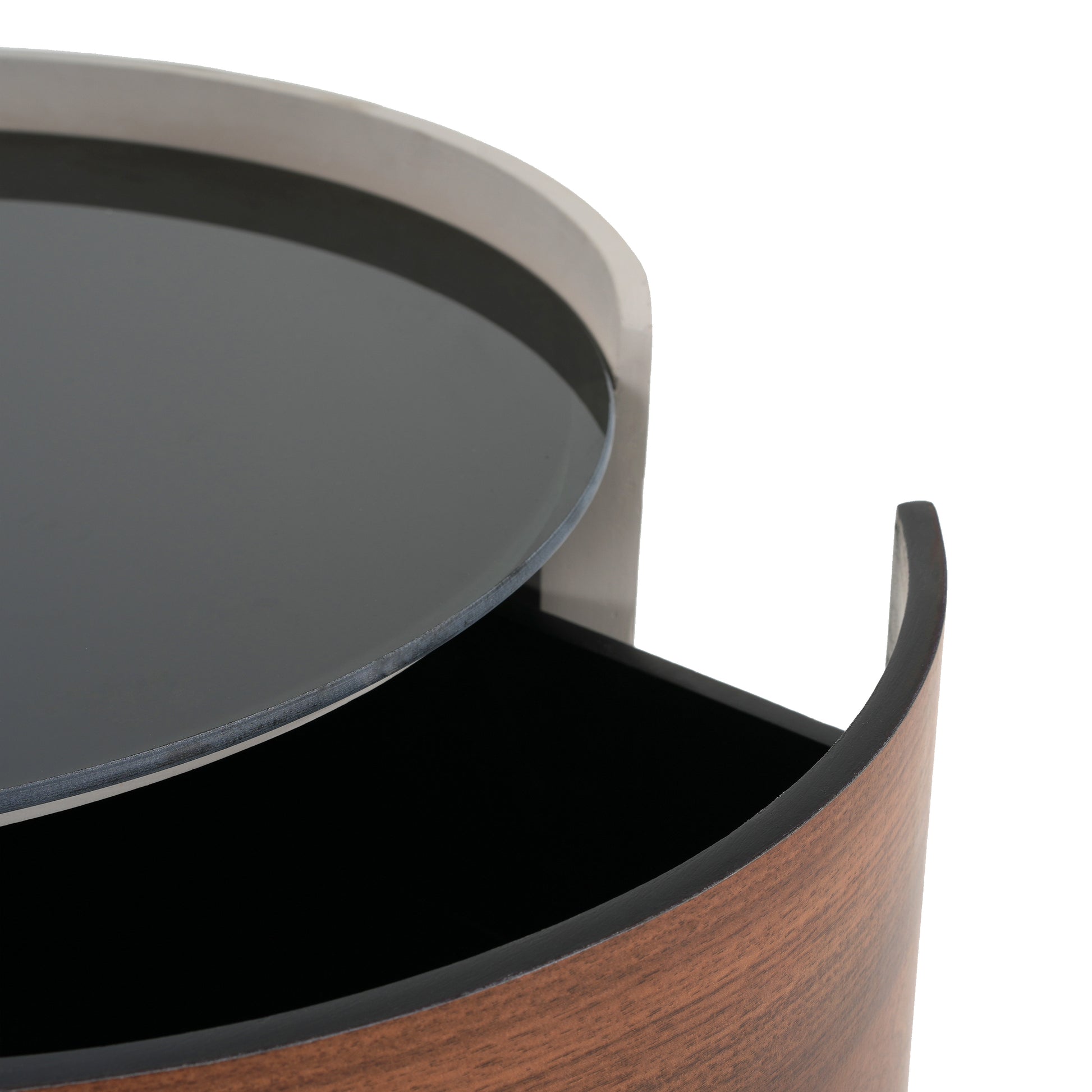 Italian Retro Double Storage Round Side Table, Gray Brown MDF with Tempered Glass Top, Compact Size