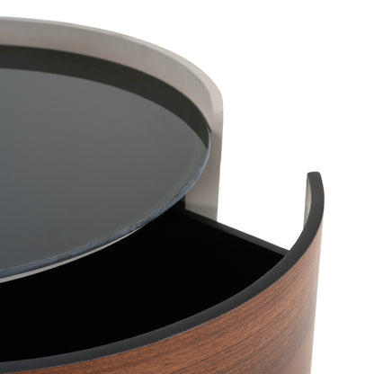 Italian Retro Double Storage Round Side Table, Gray Brown MDF with Tempered Glass Top, Compact Size