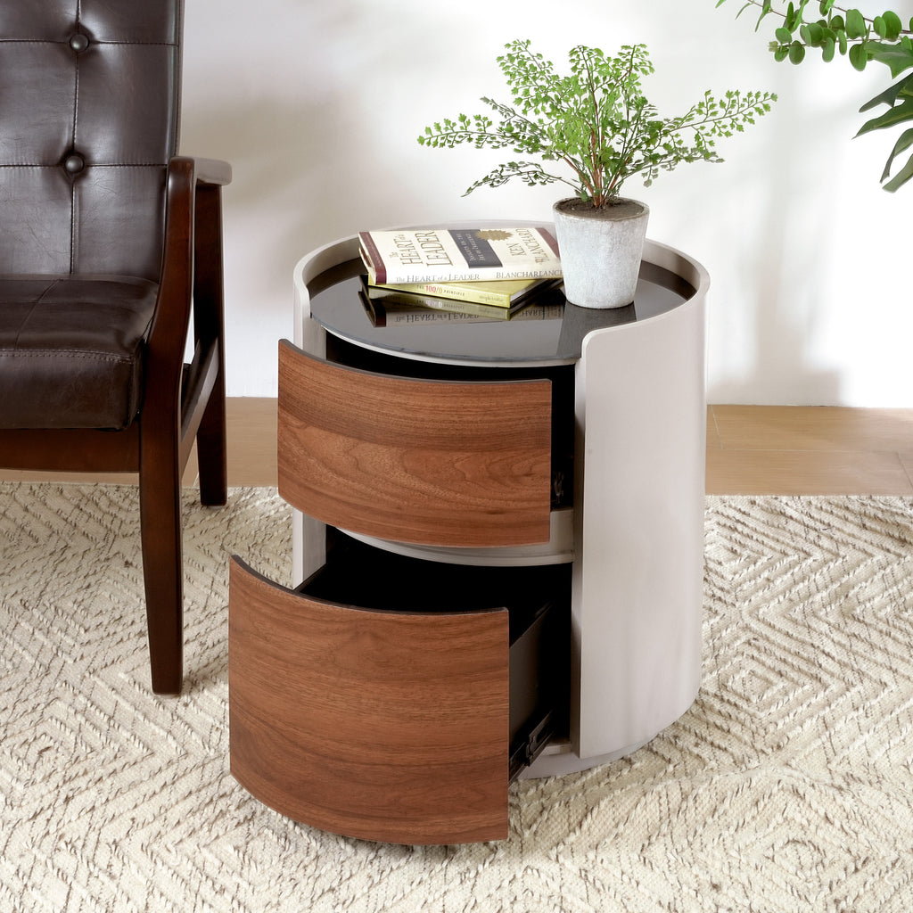 Italian Retro Double Storage Round Side Table, Gray Brown MDF with Tempered Glass Top, Compact Size