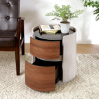 Italian Retro Double Storage Round Side Table, Gray Brown MDF with Tempered Glass Top, Compact Size