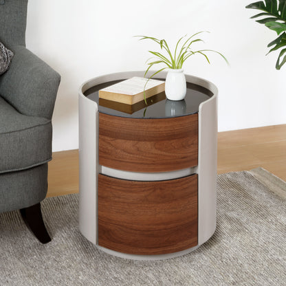 Italian Retro Double Storage Round Side Table, Gray Brown MDF with Tempered Glass Top, Compact Size