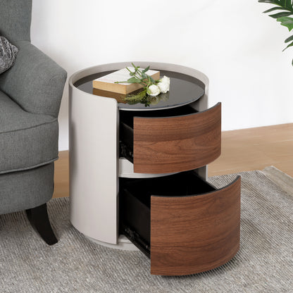 Italian Retro Double Storage Round Side Table, Gray Brown MDF with Tempered Glass Top, Compact Size