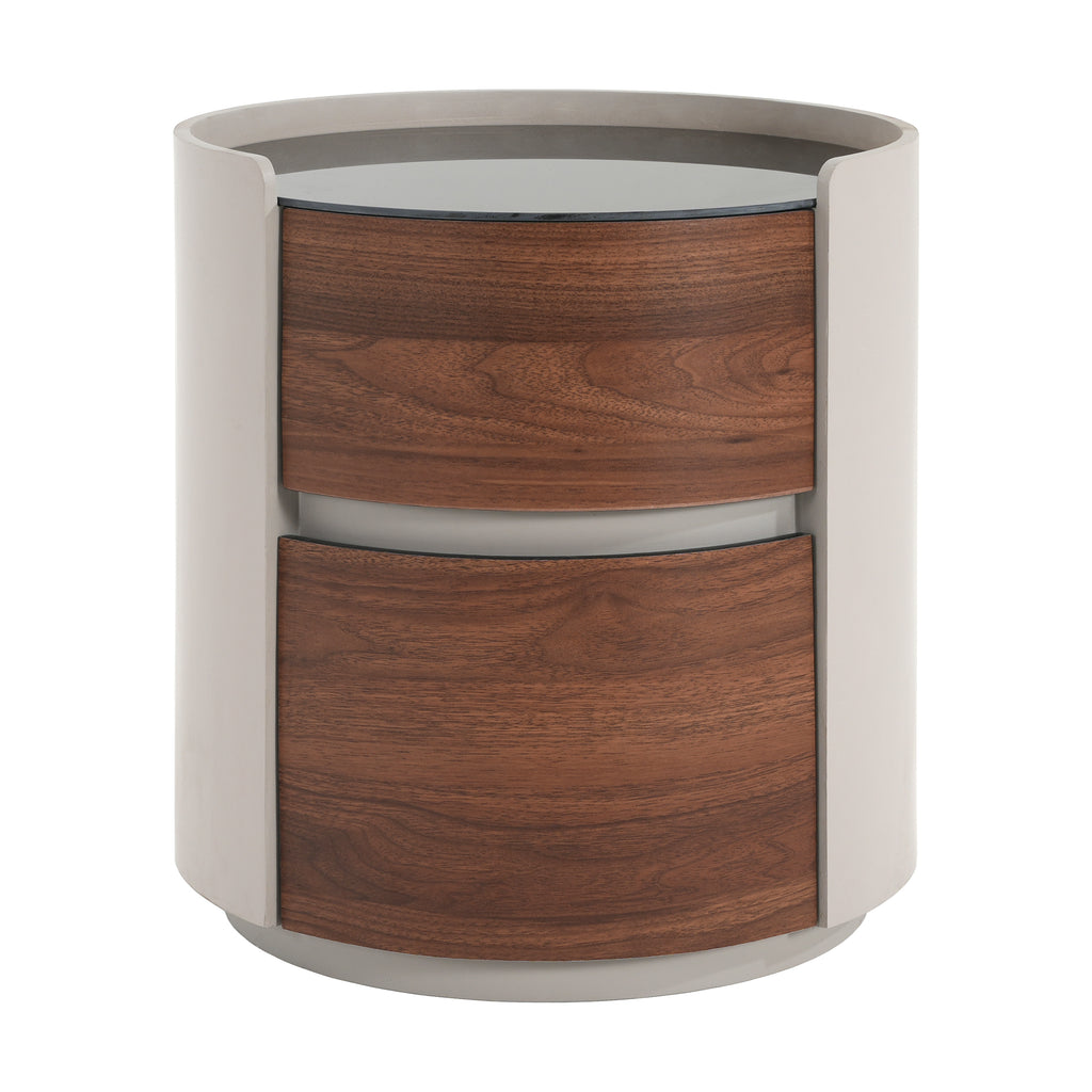 Italian Retro Double Storage Round Side Table, Gray Brown MDF with Tempered Glass Top, Compact Size