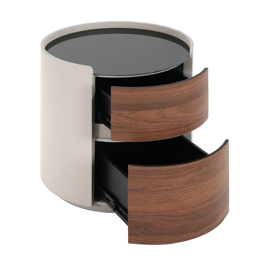 Italian Retro Double Storage Round Side Table, Gray Brown MDF with Tempered Glass Top, Compact Size