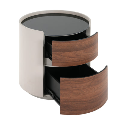 Italian Retro Double Storage Round Side Table, Gray Brown MDF with Tempered Glass Top, Compact Size