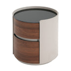 Italian Retro Double Storage Round Side Table, Gray Brown MDF with Tempered Glass Top, Compact Size