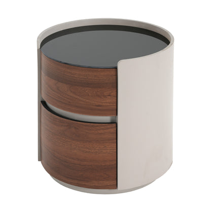 Italian Retro Double Storage Round Side Table, Gray Brown MDF with Tempered Glass Top, Compact Size
