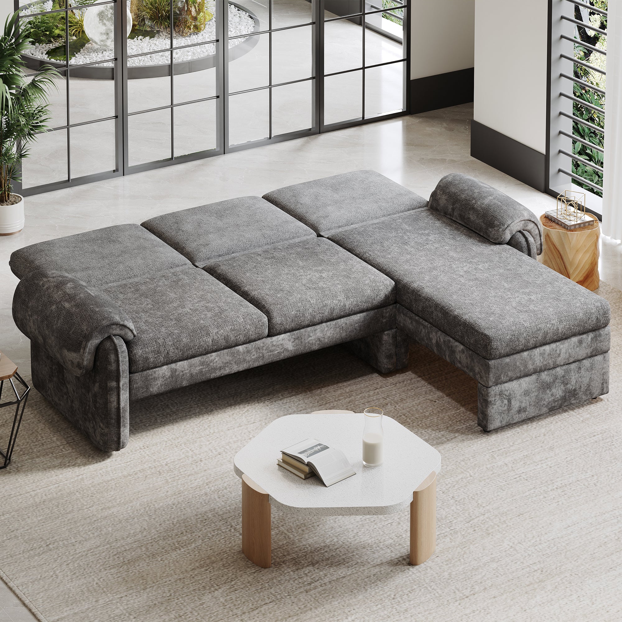 94.1' Convertible Futon Sofa Bed Futon Sofa Couch with an Adjustable Backrest, a Reversible Chaise Lounge and Two Removable Armrest Pillows for Living Room, Gray