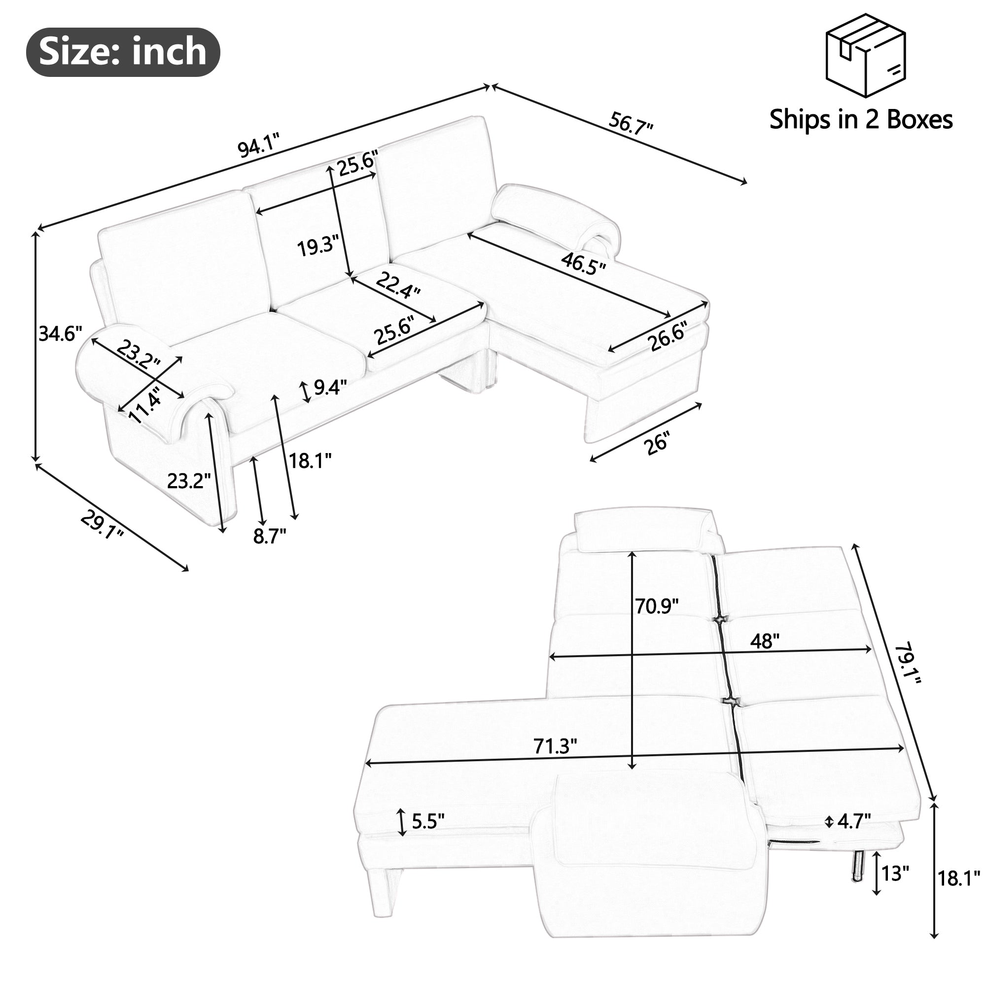 94.1' Convertible Futon Sofa Bed Futon Sofa Couch with an Adjustable Backrest, a Reversible Chaise Lounge and Two Removable Armrest Pillows for Living Room, Gray