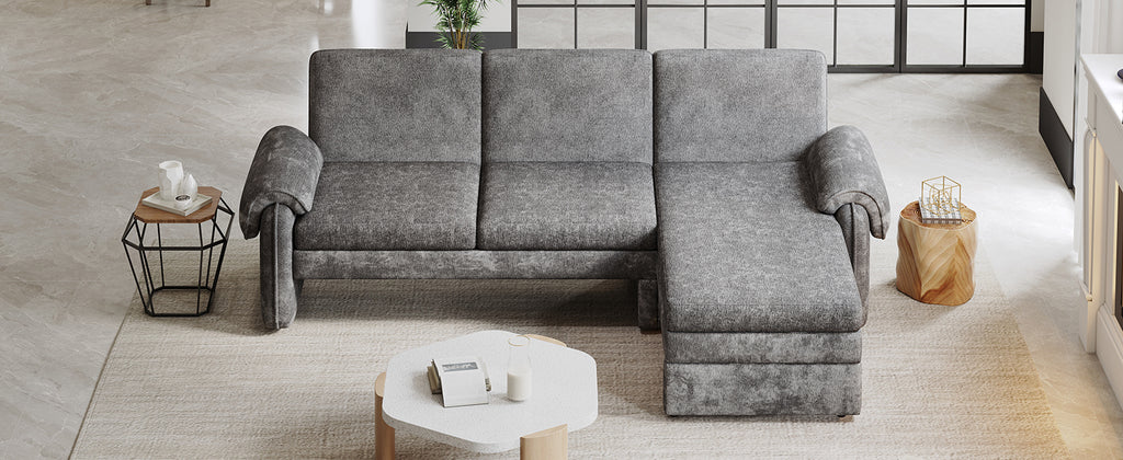 94.1' Convertible Futon Sofa Bed Futon Sofa Couch with an Adjustable Backrest, a Reversible Chaise Lounge and Two Removable Armrest Pillows for Living Room, Gray