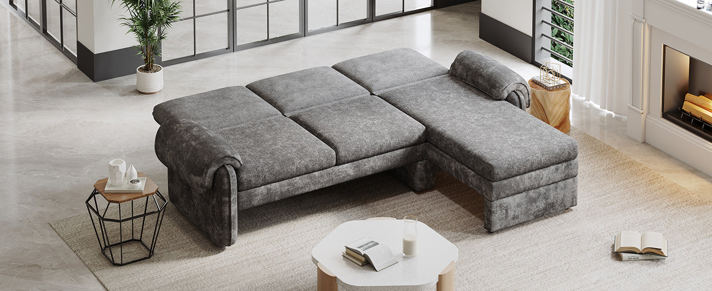 94.1' Convertible Futon Sofa Bed Futon Sofa Couch with an Adjustable Backrest, a Reversible Chaise Lounge and Two Removable Armrest Pillows for Living Room, Gray