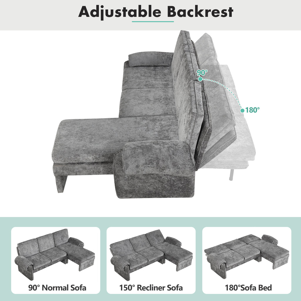 94.1' Convertible Futon Sofa Bed Futon Sofa Couch with an Adjustable Backrest, a Reversible Chaise Lounge and Two Removable Armrest Pillows for Living Room, Gray