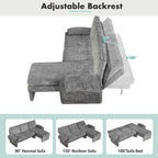 94.1' Convertible Futon Sofa Bed Futon Sofa Couch with an Adjustable Backrest, a Reversible Chaise Lounge and Two Removable Armrest Pillows for Living Room, Gray