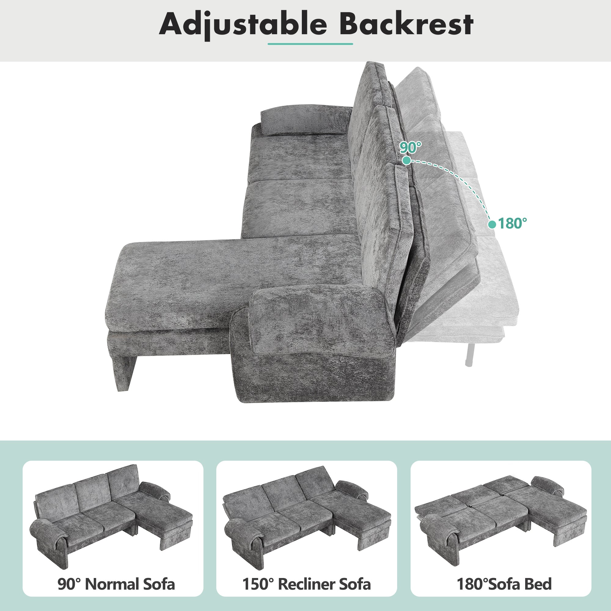 94.1' Convertible Futon Sofa Bed Futon Sofa Couch with an Adjustable Backrest, a Reversible Chaise Lounge and Two Removable Armrest Pillows for Living Room, Gray
