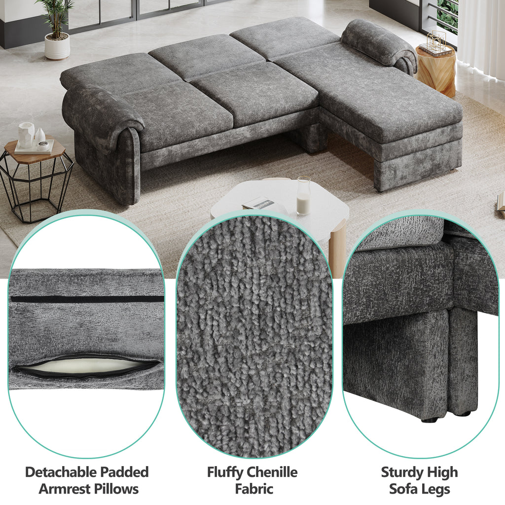 94.1' Convertible Futon Sofa Bed Futon Sofa Couch with an Adjustable Backrest, a Reversible Chaise Lounge and Two Removable Armrest Pillows for Living Room, Gray