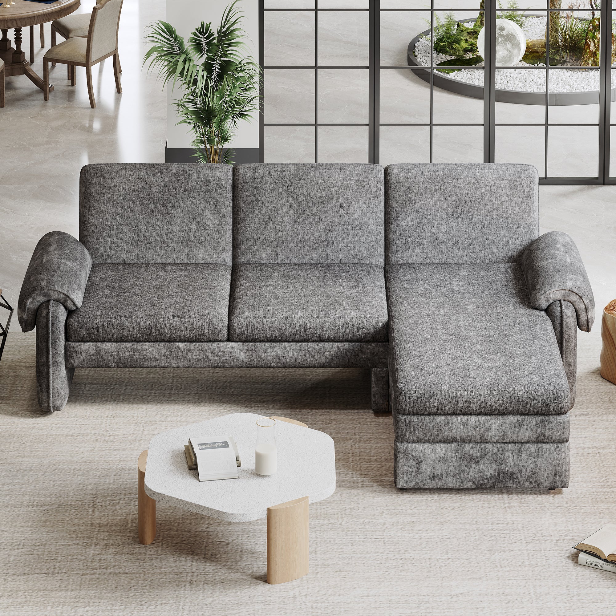 94.1' Convertible Futon Sofa Bed Futon Sofa Couch with an Adjustable Backrest, a Reversible Chaise Lounge and Two Removable Armrest Pillows for Living Room, Gray
